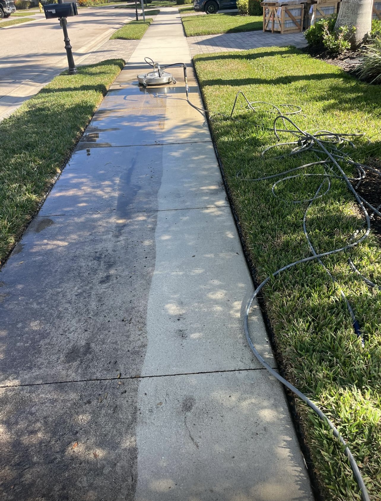 Concrete sidewalk cleaned with surface cleaner — before and after stripe